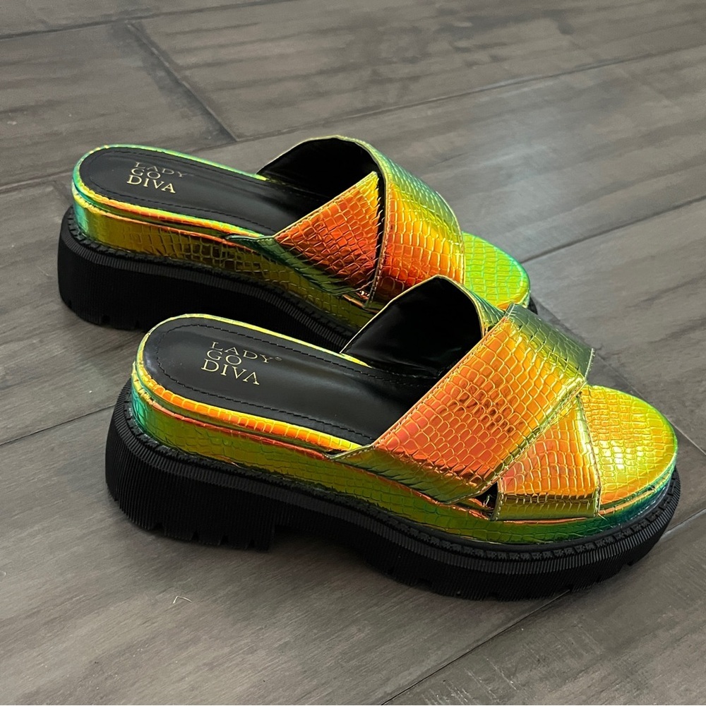 Dolls Kill Iridescent Croc Criss Cross Platform Sandals - Size 6 - Picture 6 of 13